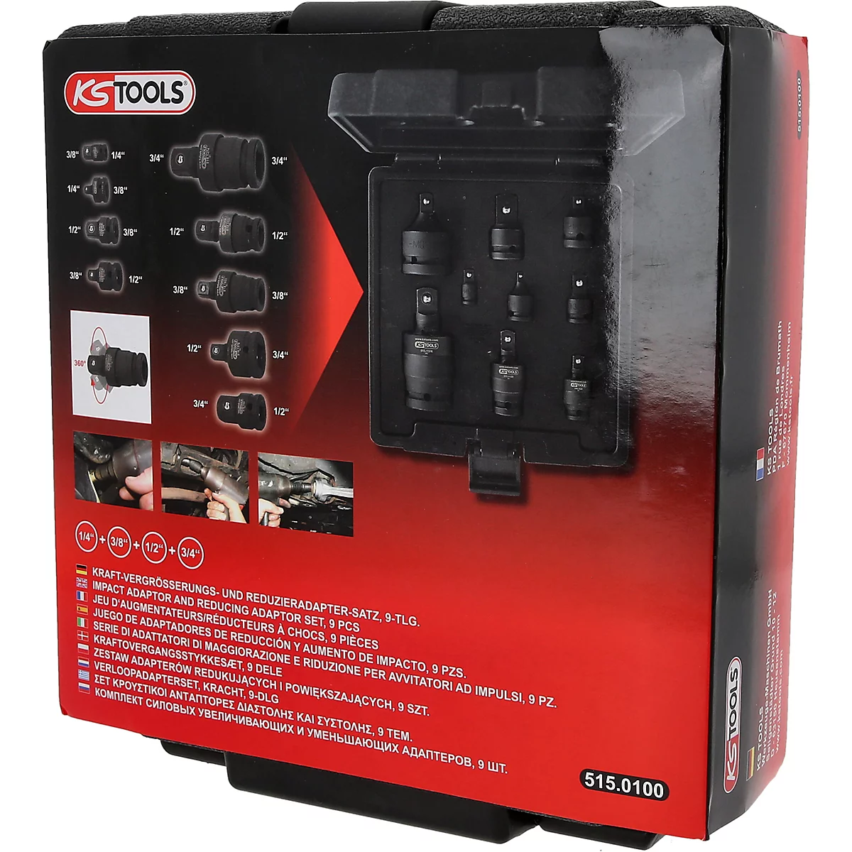 Werkzeugkasten mit KS TOOLS Logo. Geöffnet mit verschiedenen Adaptern in Schwarz, sowie einige Anwendungsbeispiele.